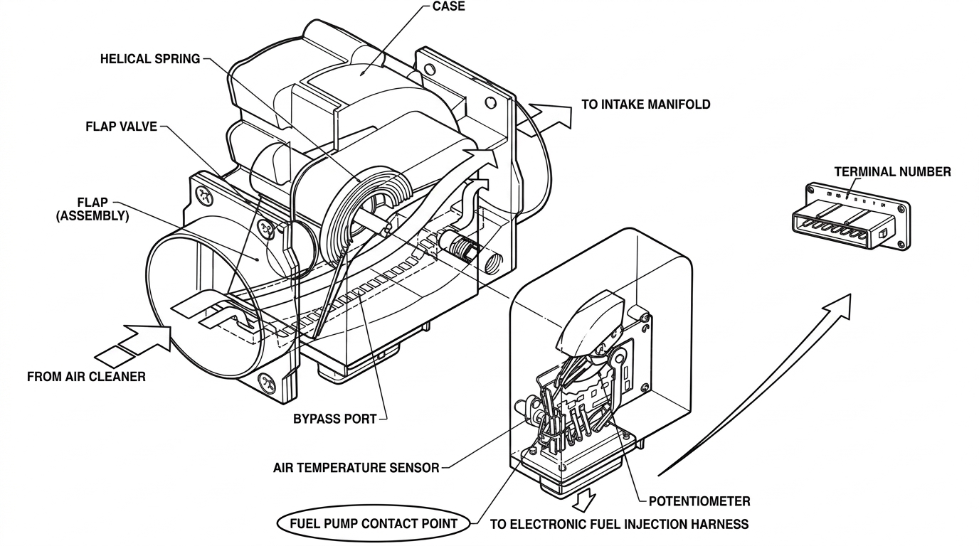Exploded view of the air flow meter, repeated to show the fuel pump contact point circled, alongside the terminal connector
