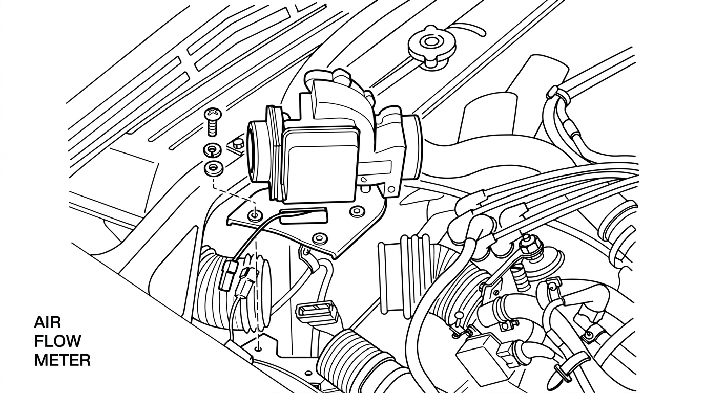 Air flow meter as installed in the engine bay, mounted between the air cleaner and the throttle plate
