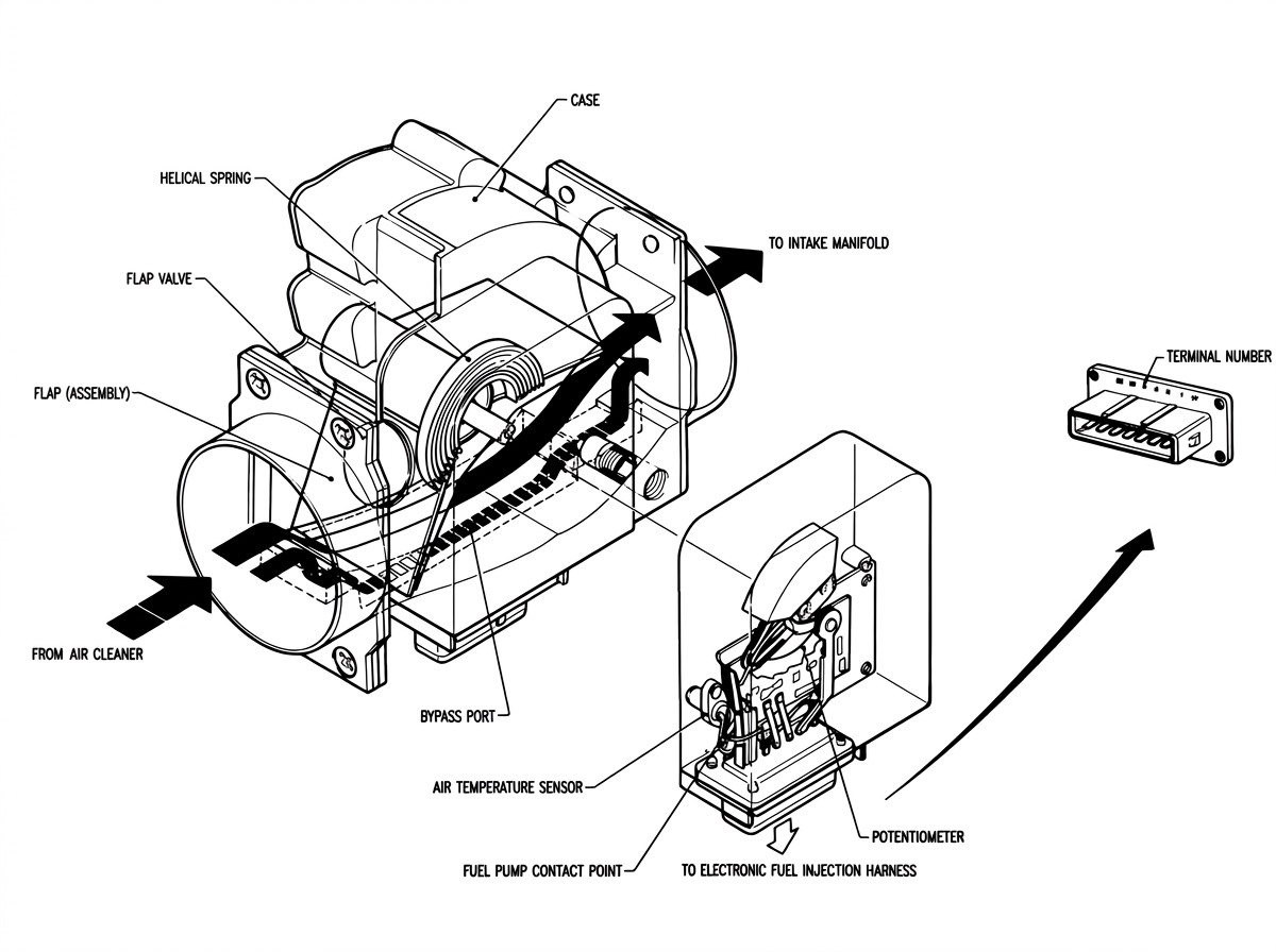 Exploded view of the air flow meter showing the case, helical spring, flap valve, flap assembly, bypass port, air temperature sensor, potentiometer and terminal connector