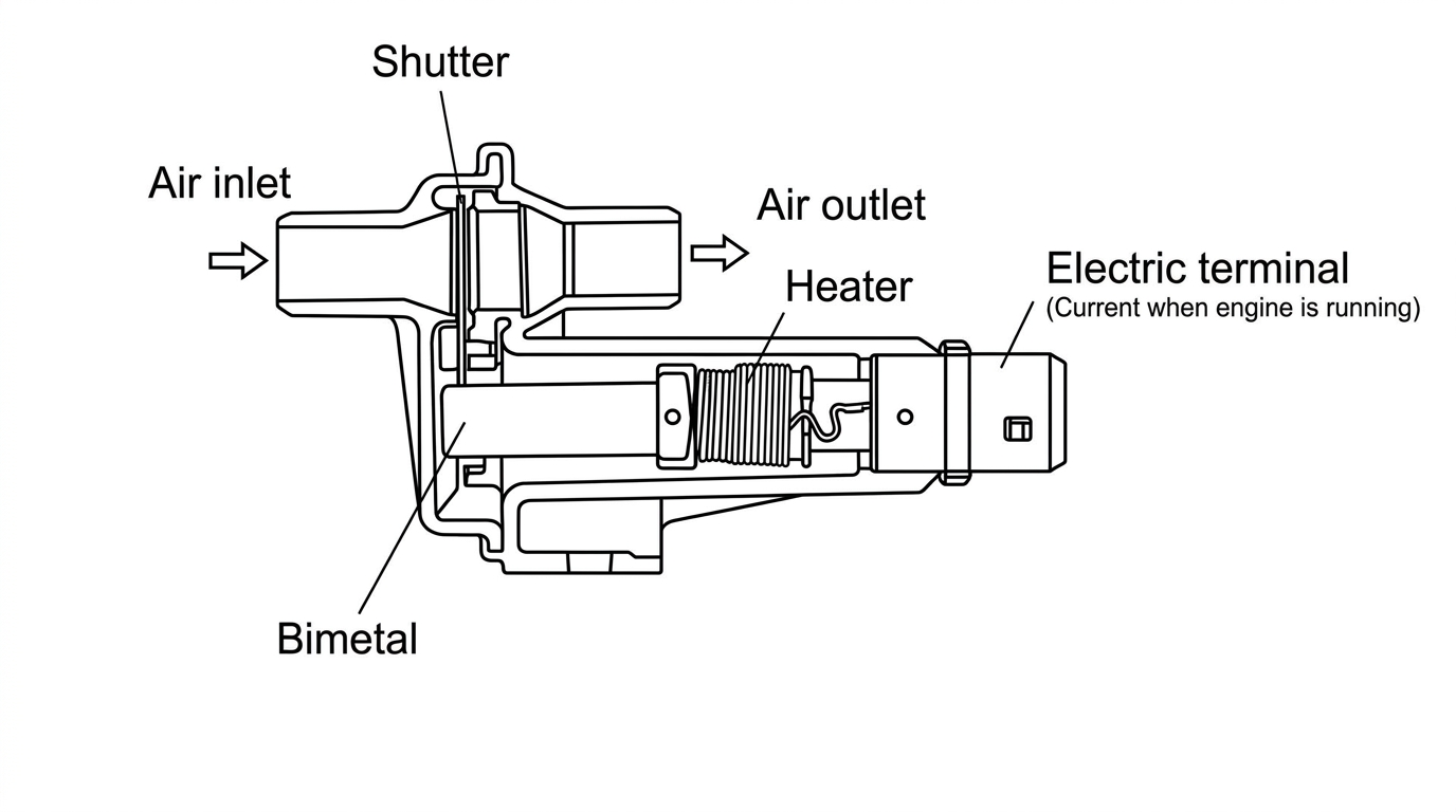 Sectional view of the air regulator showing the shutter, air inlet, air outlet, heater, electric terminal and bimetal