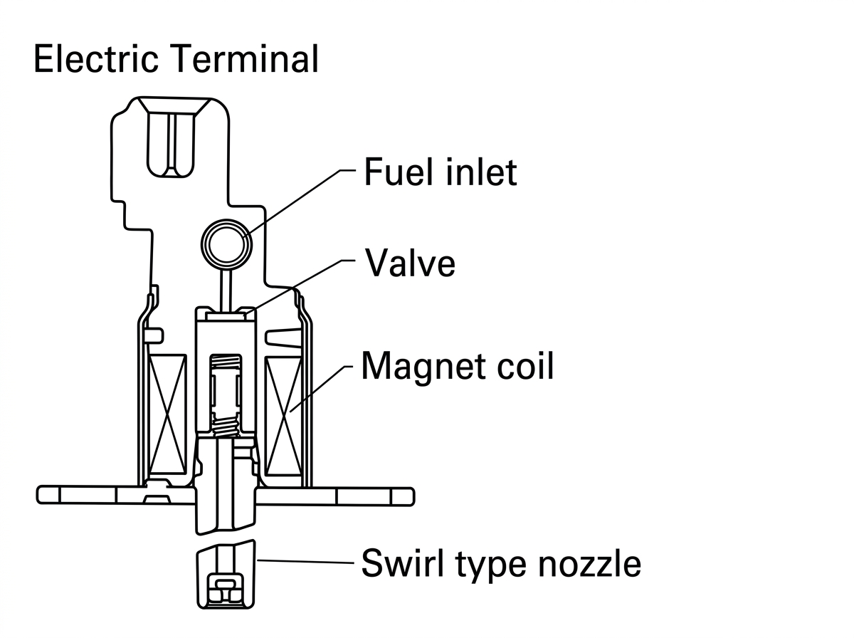 Sectional view of the cold start valve showing the electric terminal, fuel inlet, valve, magnet coil and swirl type nozzle