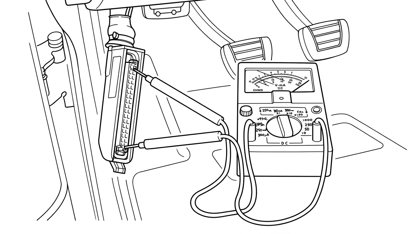 Multimeter connected to the large connector at the ECU, mounted on the driver's side kick panel