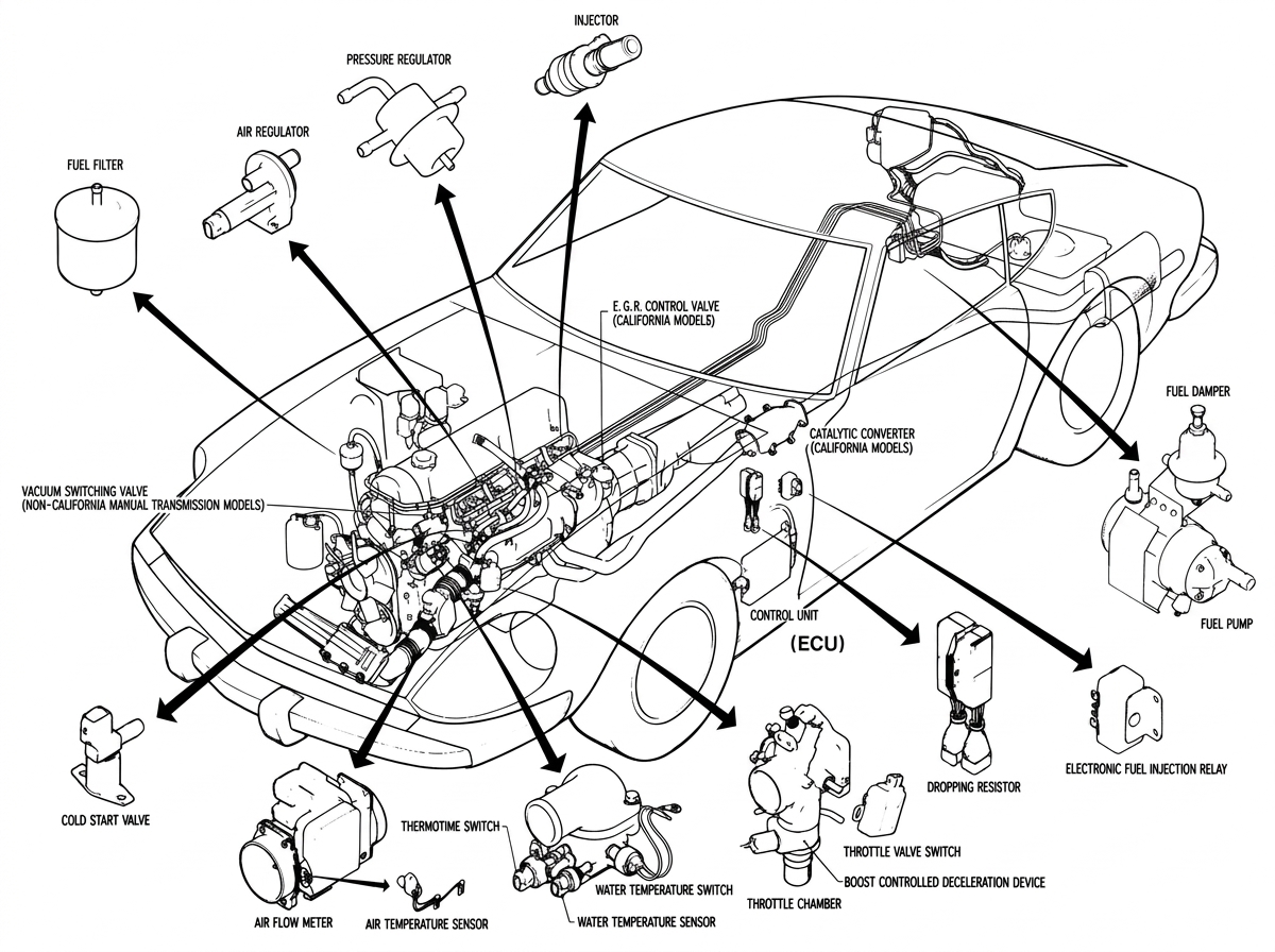 Exploded cutaway view of the 280Z showing the location of every fuel injection component in the engine bay and cabin
