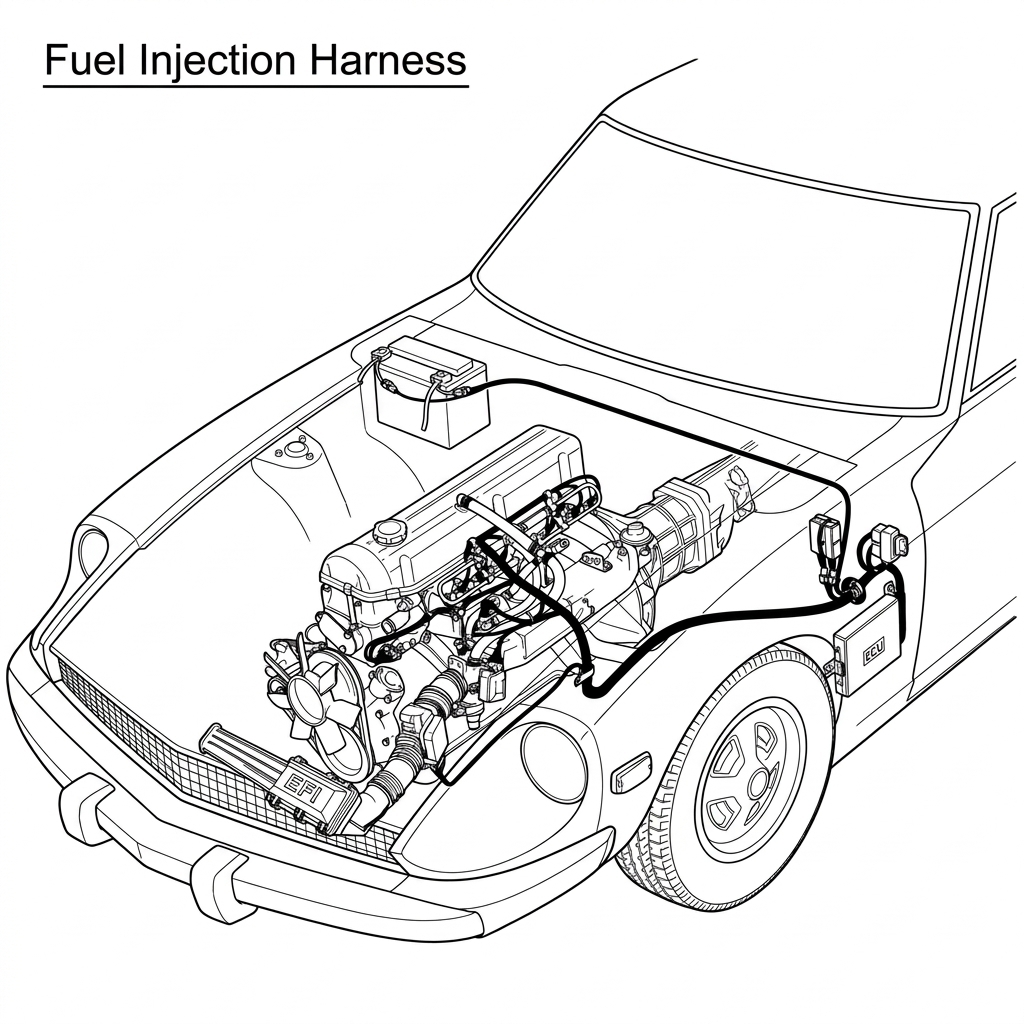 Cutaway view of the 280Z engine bay showing the fuel injection wiring harness routed from the battery to the control unit