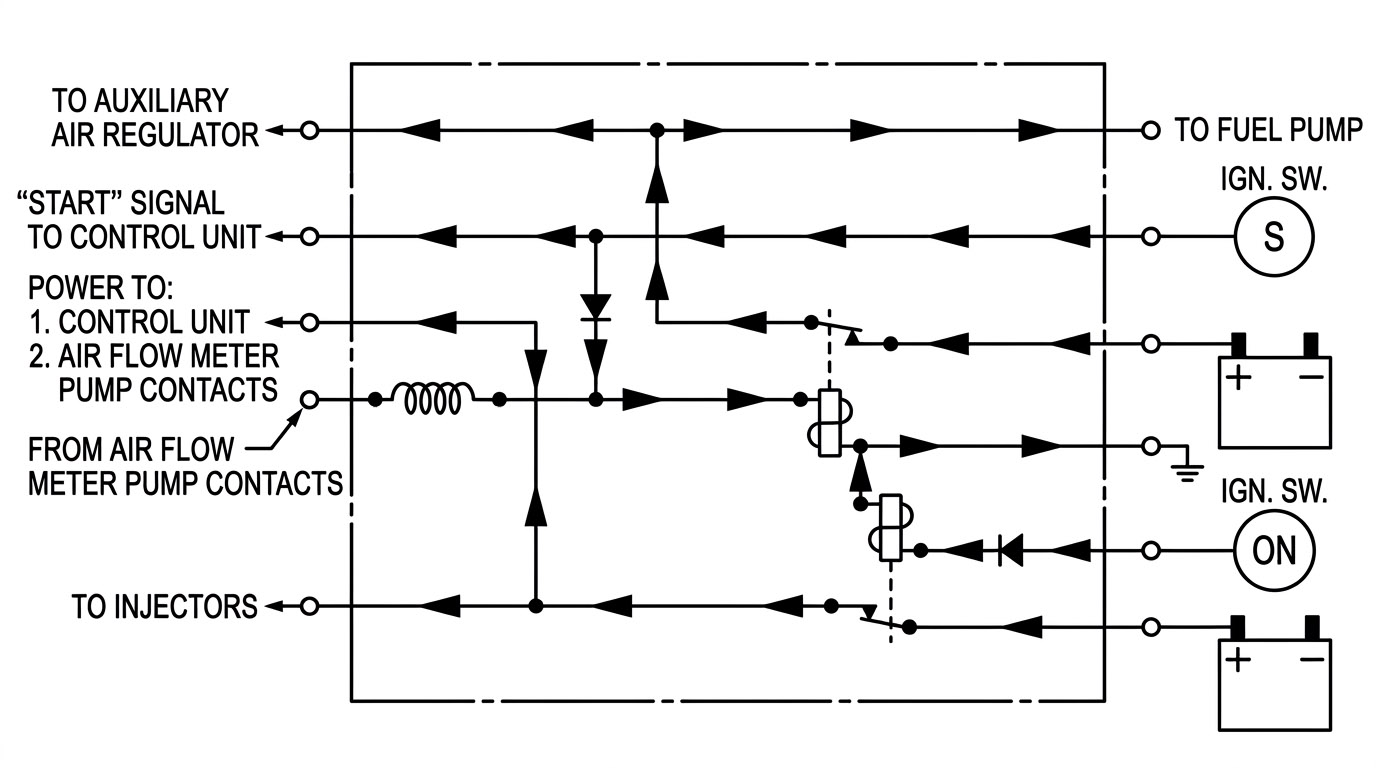 Fuel injection relay schematic in the start position, showing current flow to the control unit, injectors, fuel pump and air regulator