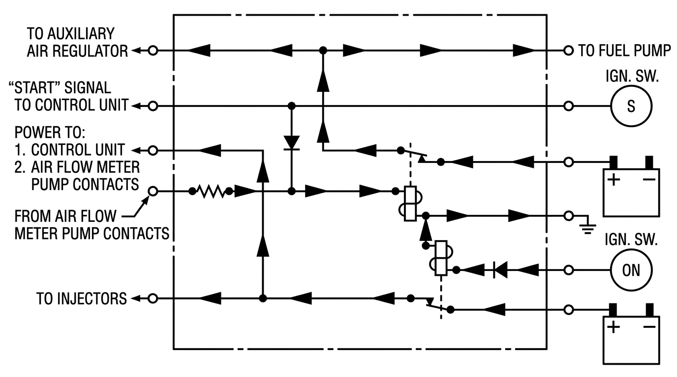 Fuel pump relay schematic with the engine running, showing current flowing from the power relay through the air flow meter pump contacts to energize the fuel pump relay
