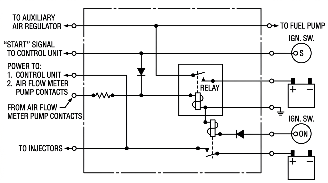 Fuel pump relay schematic showing power to the fuel pump and auxiliary air regulator