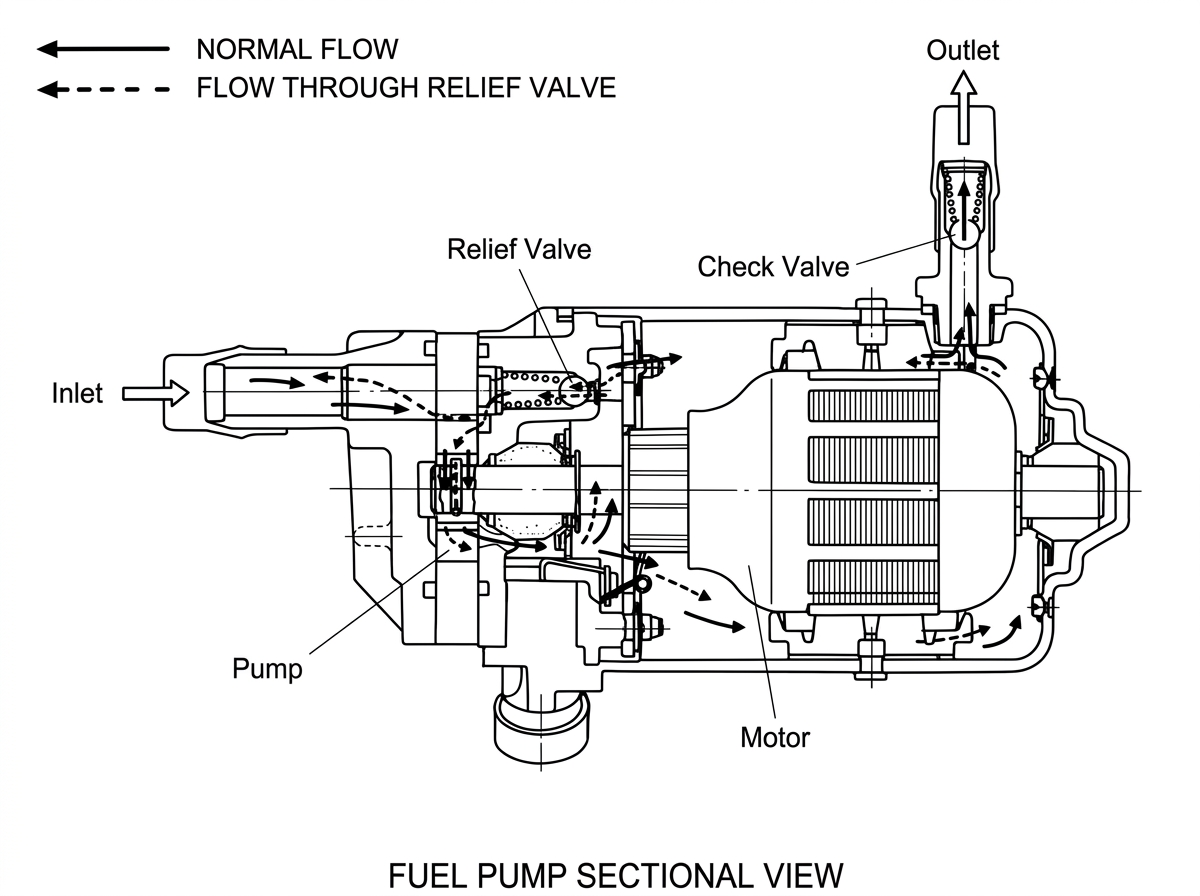 Sectional view of the fuel pump showing the inlet, pump, relief valve, motor, check valve and outlet