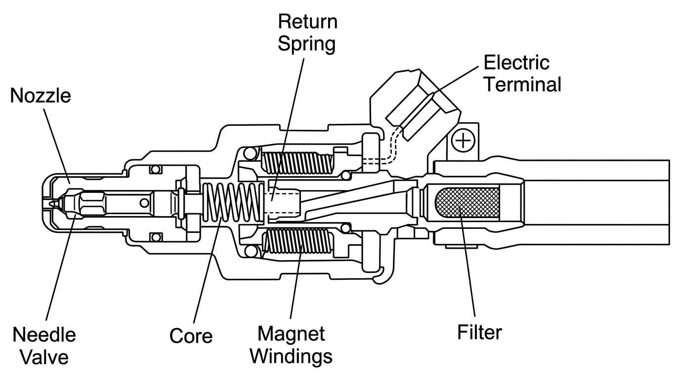 Cutaway view of an injector showing the nozzle, needle valve, core, magnet windings, return spring, filter and electric terminal