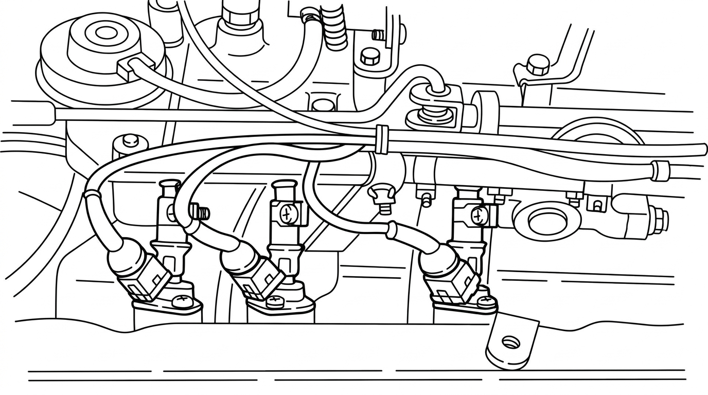 The three injectors as installed on the intake manifold next to the cylinder head intake ports