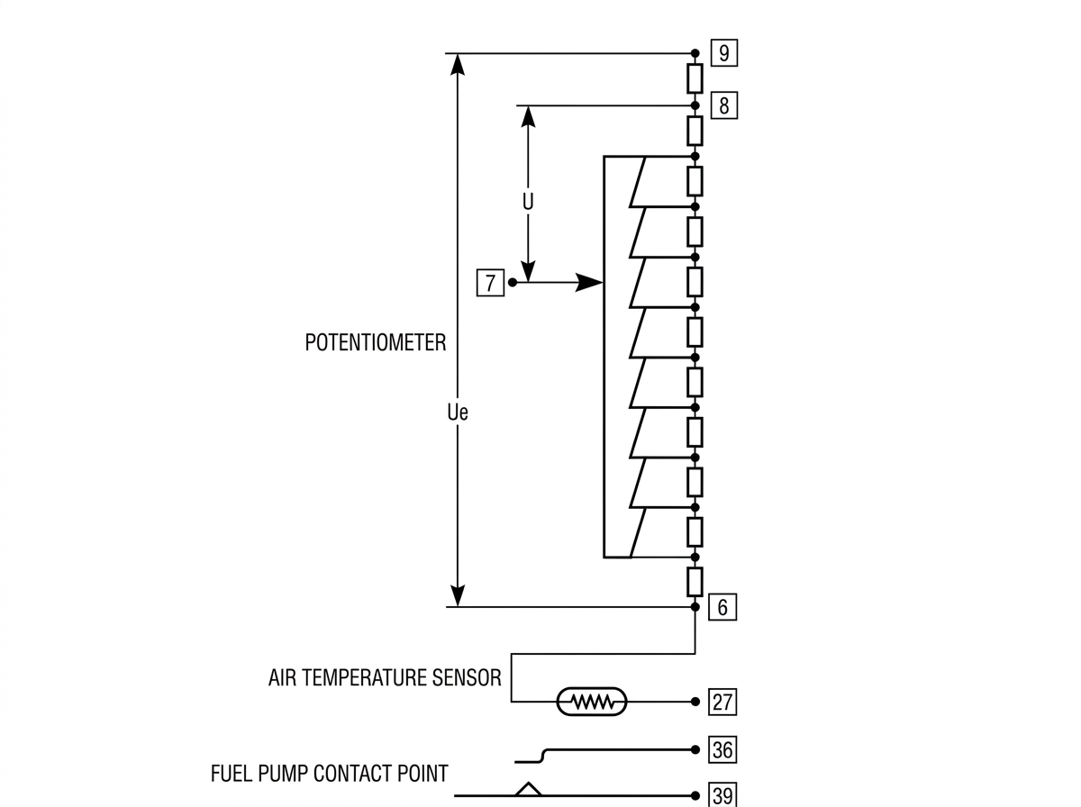 Schematic of the air flow meter potentiometer, air temperature sensor and fuel pump contact point circuits, with terminal numbers 6, 7, 8, 9, 27, 36 and 39