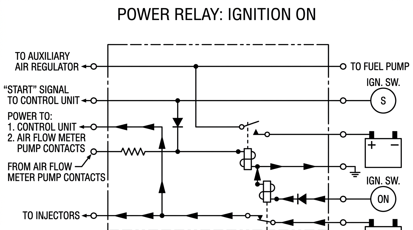 Power relay schematic in the ignition-on position, showing the power relay still energized while the fuel pump relay is not