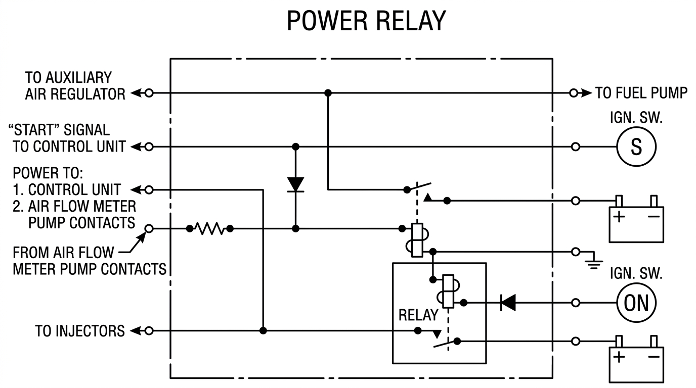 Power relay schematic showing power to the control unit, air flow meter pump contacts, and injectors, with connections to the ignition switch and battery