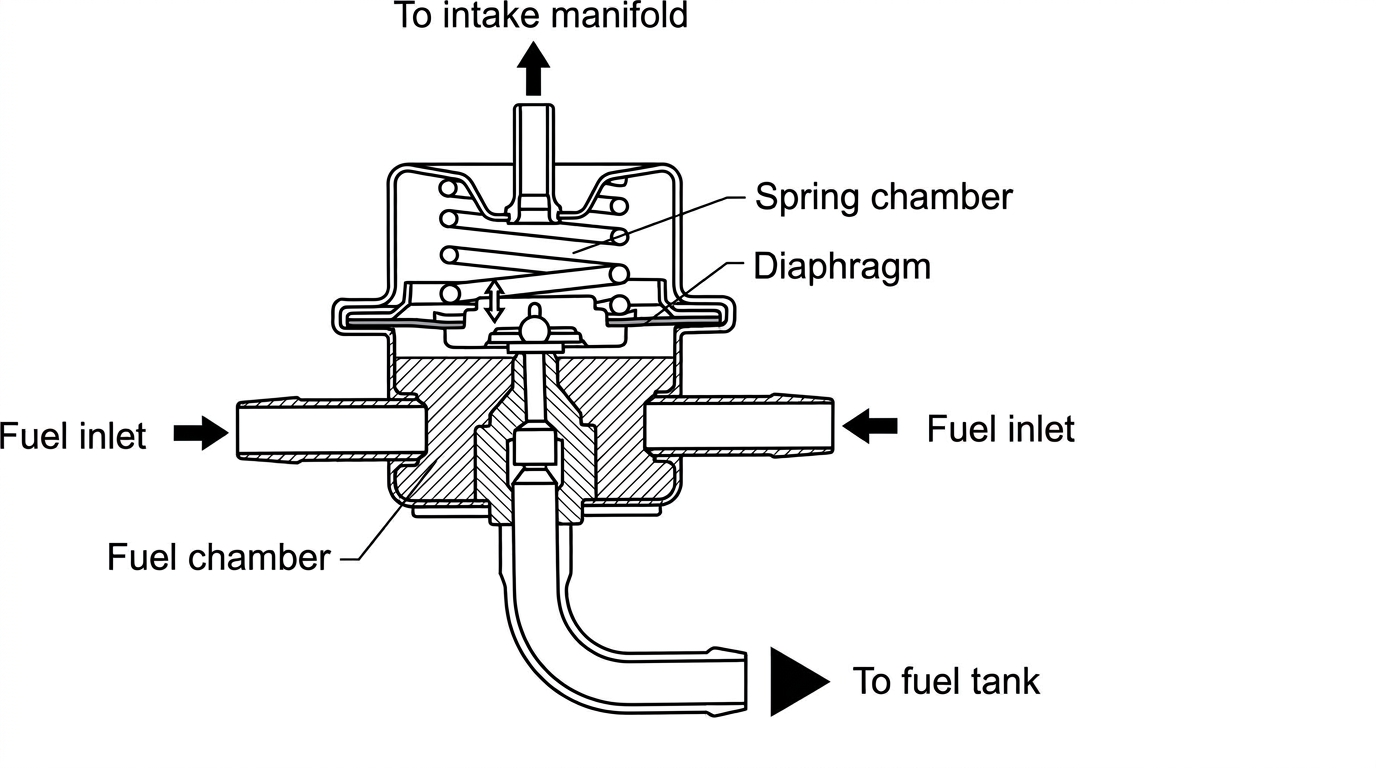 Cutaway of the pressure regulator showing the spring chamber, diaphragm, fuel chamber, fuel inlets and the line to the fuel tank