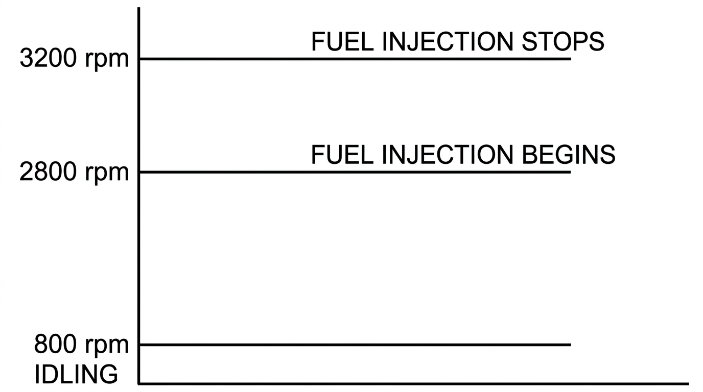 Diagram showing fuel injection stops at 3200 rpm, fuel injection begins at 2800 rpm, and 800 rpm idling