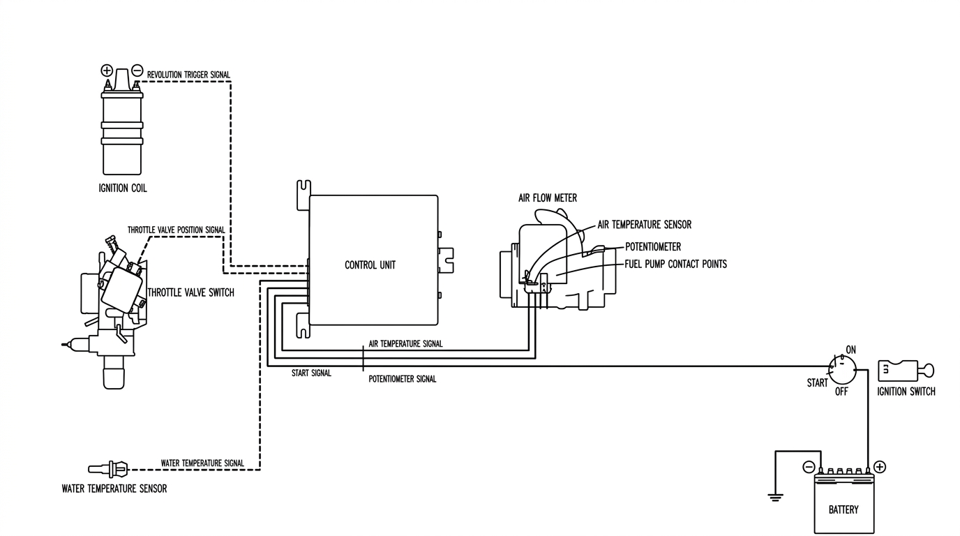 Block diagram of the electronic fuel injection system showing the ignition coil, throttle valve switch, water temperature sensor, air flow meter and ignition switch/battery all feeding signals into the control unit