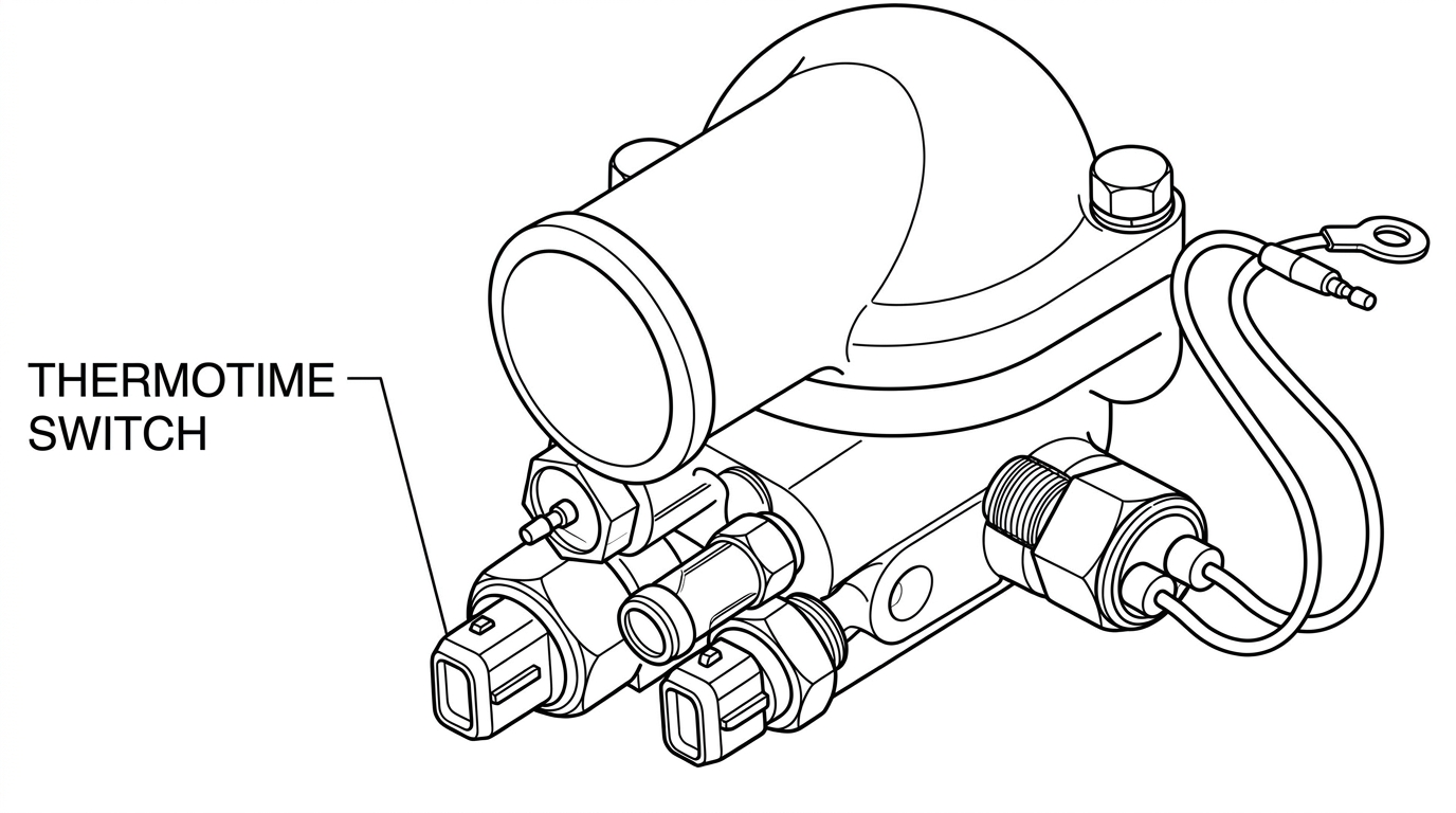 Thermotime switch as installed next to the water temperature sensor in the thermostat housing
