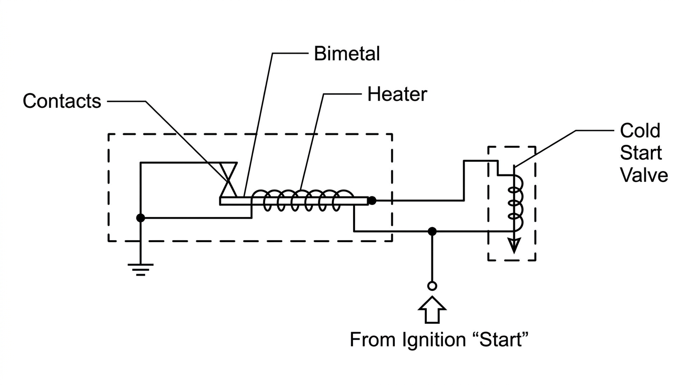 Schematic of the cold start valve and thermotime switch showing the contacts, bimetal and heater