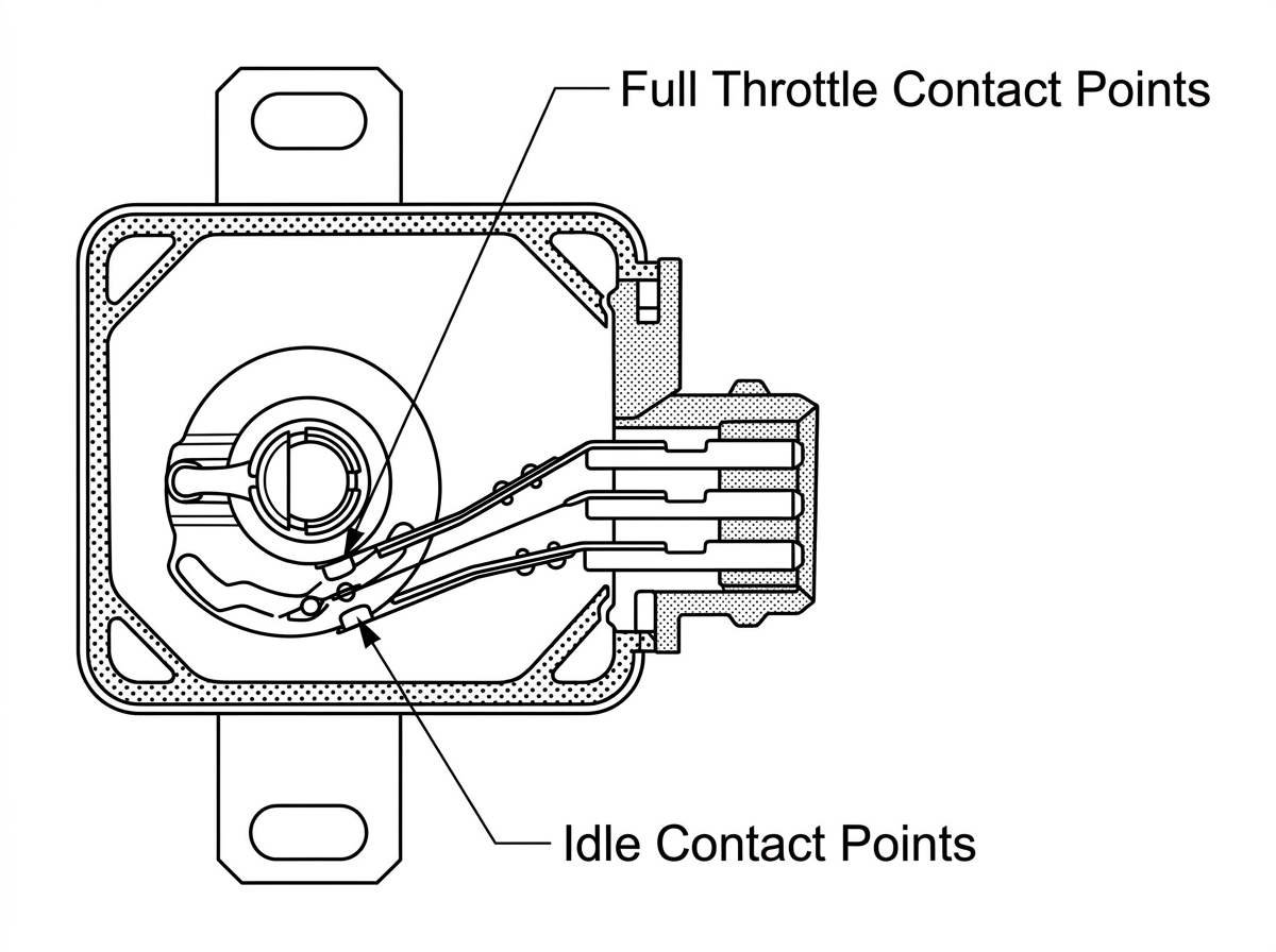 Interior view of the throttle switch showing the full throttle contact points and the idle contact points