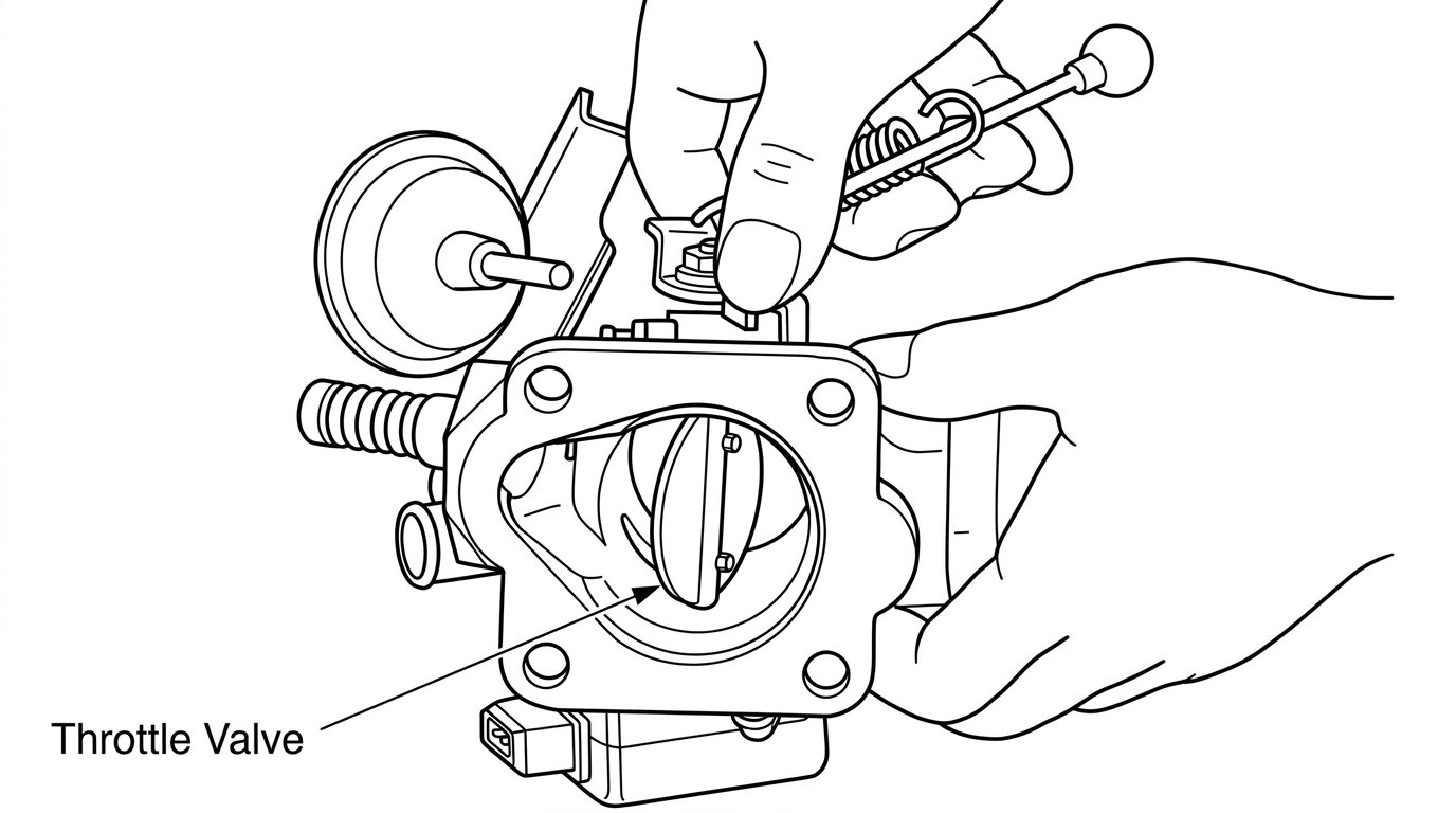 Hand holding the throttle chamber, pointing to the throttle valve