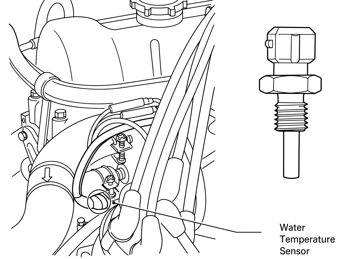 Water temperature sensor as installed in the thermostat housing, and the sensor part itself