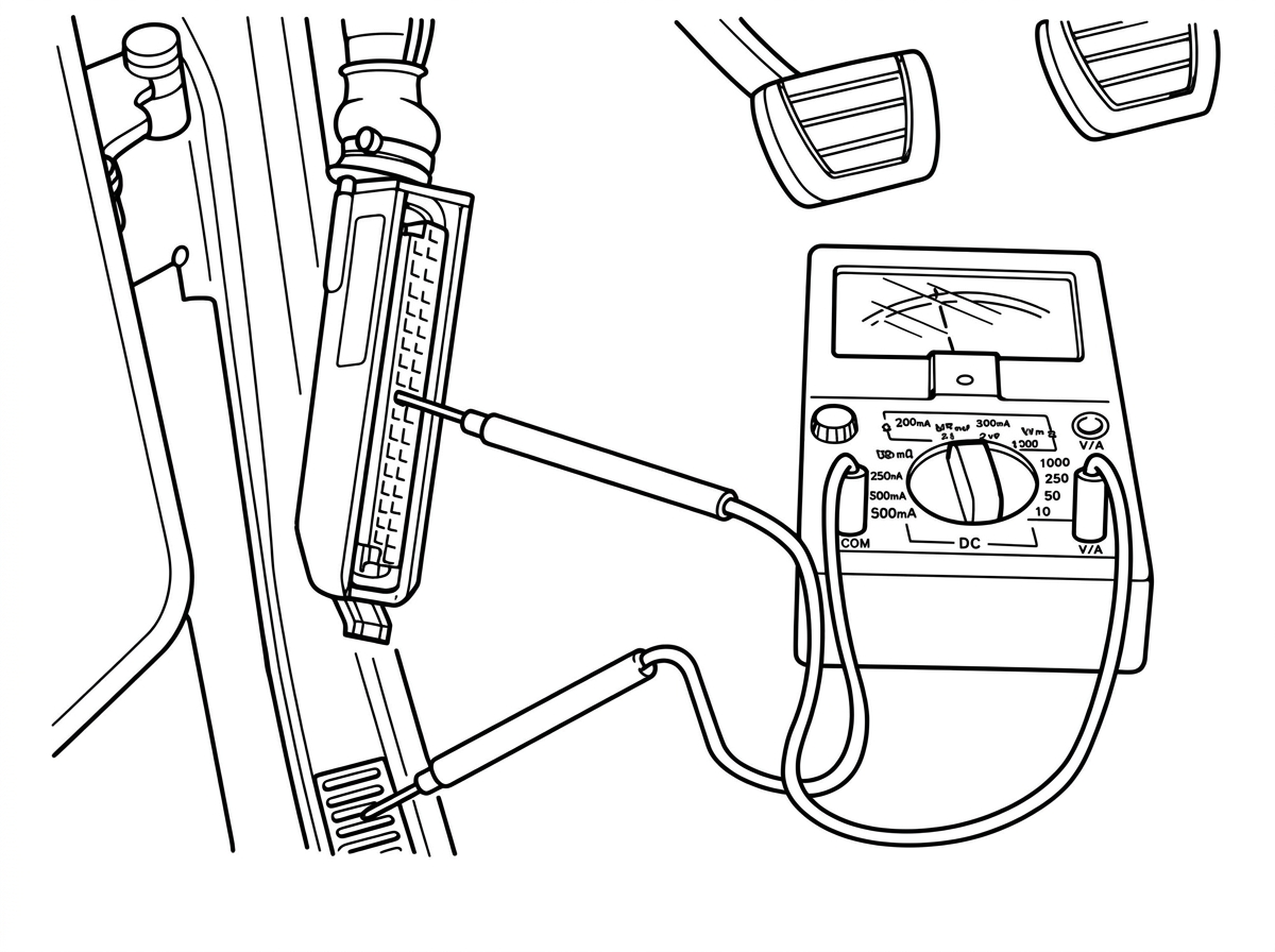 Photo of a multimeter connected via test leads to the 35-pin control unit connector, located near the driver's footwell pedals