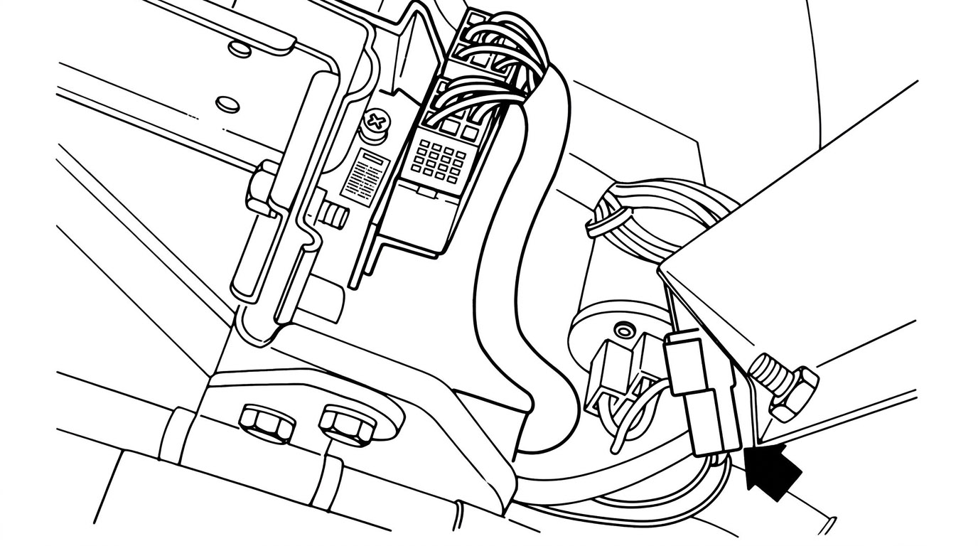 Photo of the fuel injection control unit mounted in the kick panel area, with an arrow pointing to the ignition lead wire connector