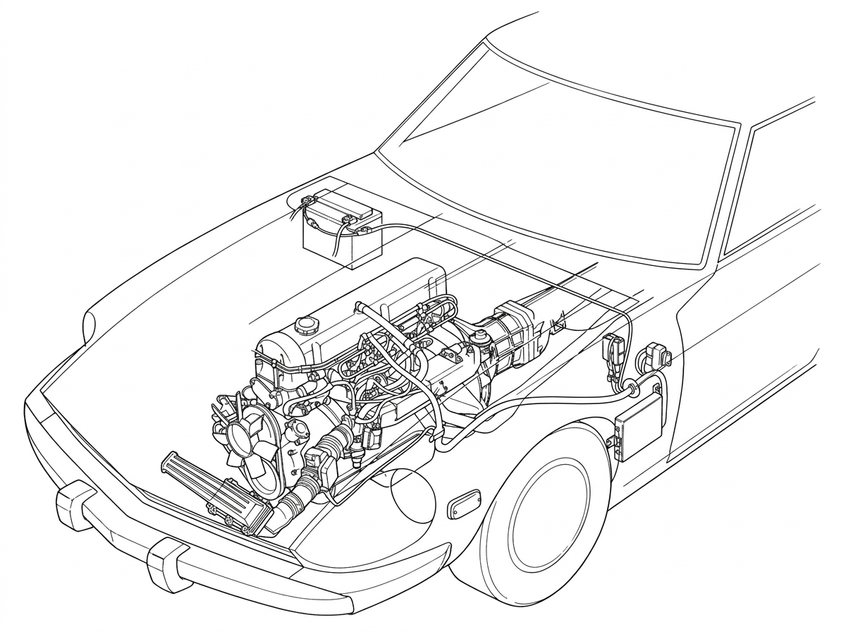 Cutaway illustration of a 280Z engine bay with the fuel injection wiring harness traced in bold from the battery to the control unit