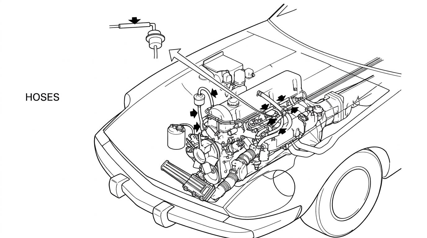Engine bay illustration labeled HOSES with arrows pointing to hose connections to be checked