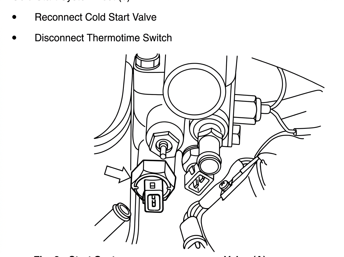 Photo labeled Thermotime Switch showing an arrow pointing to the thermotime switch connector, being disconnected near the cold start valve and throttle chamber