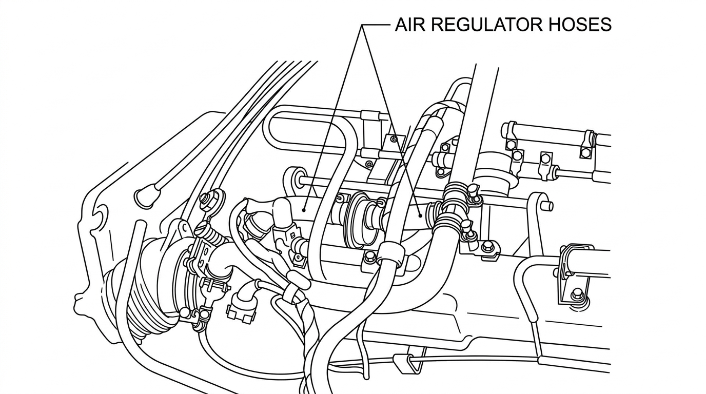 Photo of the auxiliary air regulator with the air regulator hoses labeled by leader lines