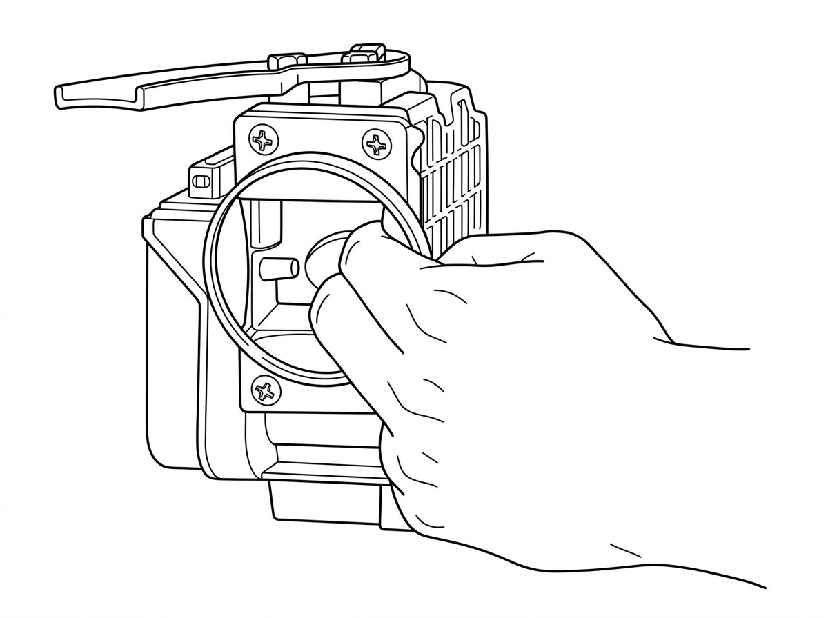 Photo of a hand pushing the air flow meter flap open by hand with the intake hose removed
