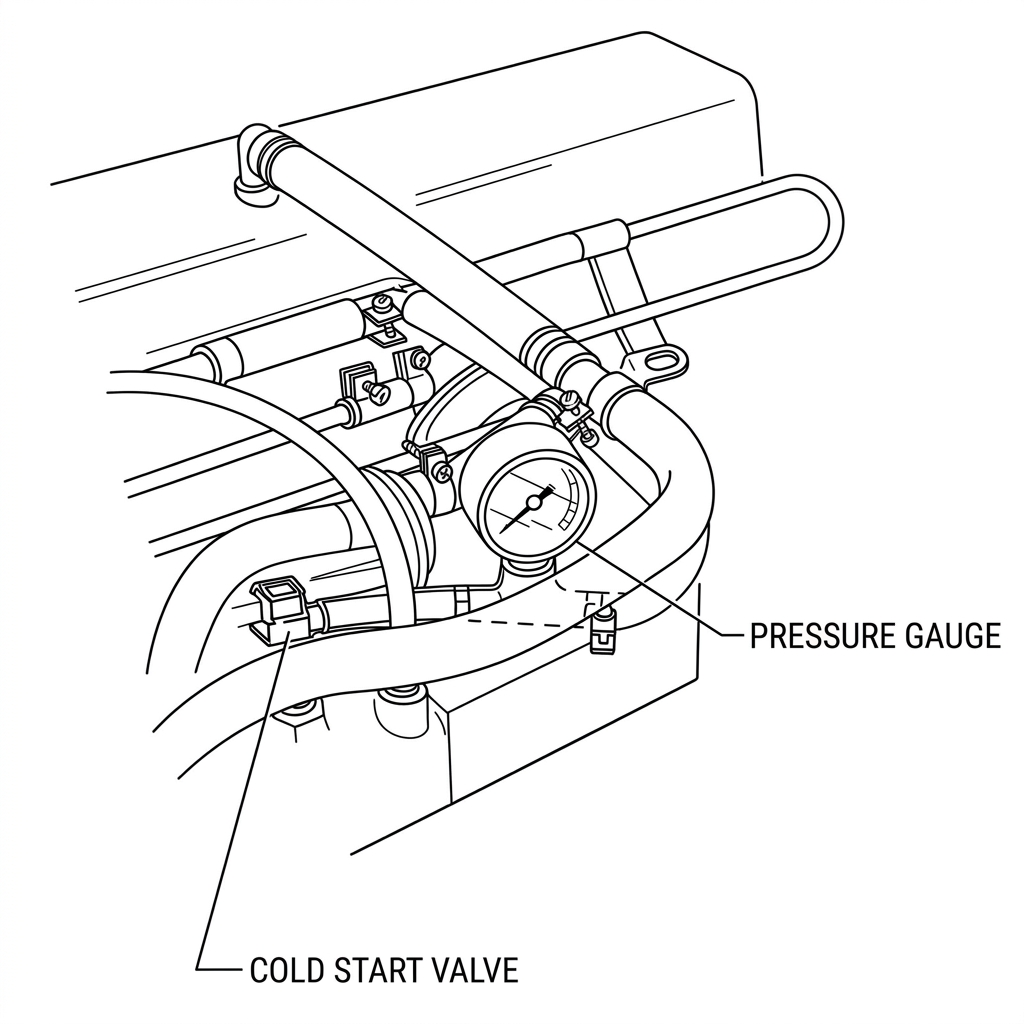 Photo of a fuel pressure gauge connected at the cold start valve fitting on the fuel rail, with Pressure Gauge and Cold Start Valve labeled by leader lines