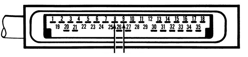 35-pin connector diagram with arrows pointing to pins 8 and 9 for the air flow meter resistance test