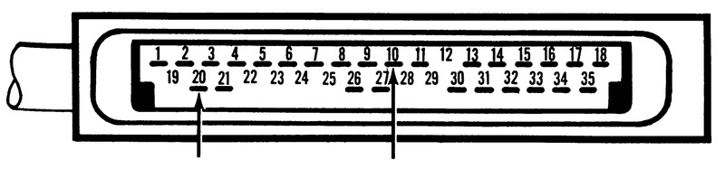 35-pin connector diagram with arrows pointing to pins 10 and 20 for the air flow meter fuel pump contacts test
