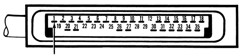 35-pin connector diagram with arrow pointing to pin 1 for the ignition coil trigger input circuit test