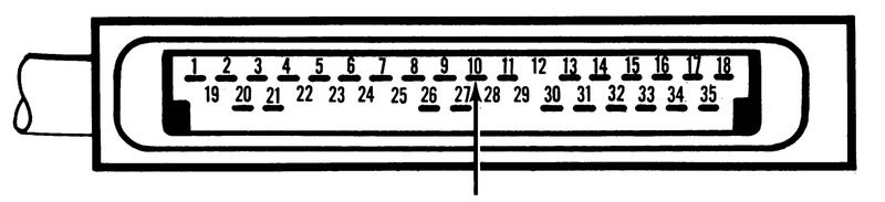 35-pin connector diagram with arrow pointing to pin 10 for the control unit power input circuit test