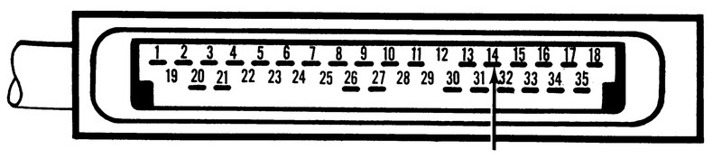35-pin connector diagram with arrow pointing to pin 14 for the number 4 injector circuit test