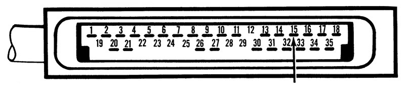 35-pin connector diagram with arrow pointing to pin 15 for the number 1 injector circuit test