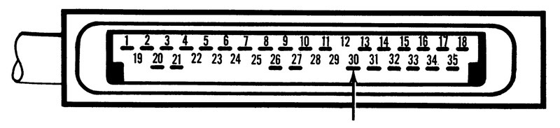 35-pin connector diagram with arrow pointing to pin 30 for the number 5 injector circuit test