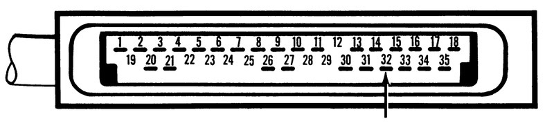 35-pin connector diagram with arrow pointing to pin 32 for the number 3 injector circuit test